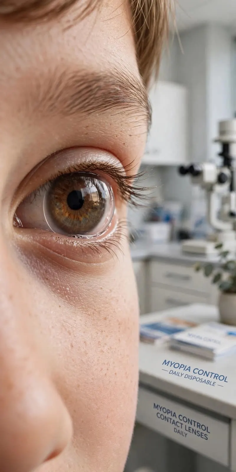 Primer plano del ojo de un niño en una consulta de optometría