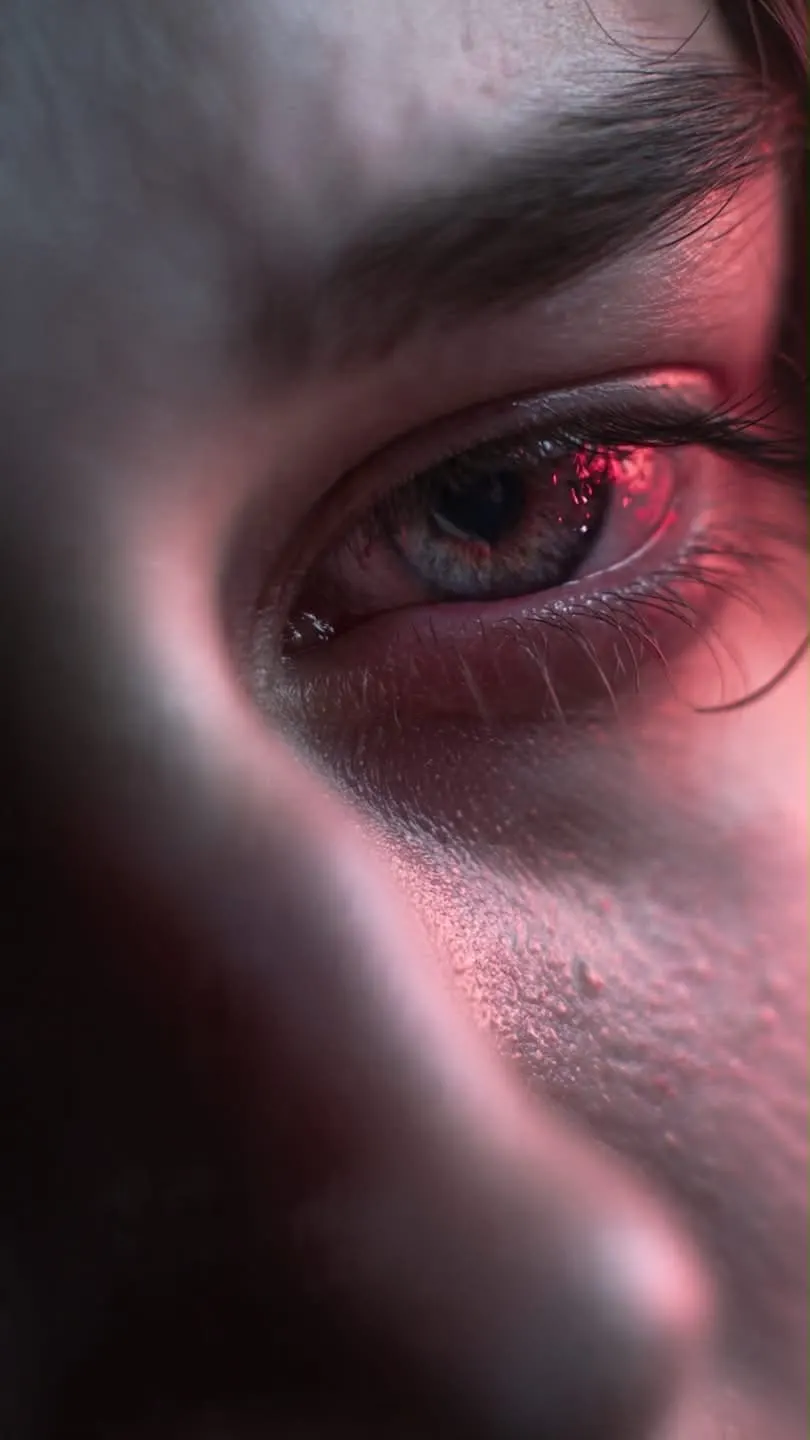Primer plano de un ojo enrojecido por la fatiga visual