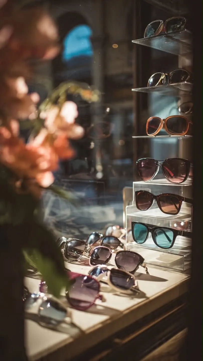 Expositor con gafas de sol de diferentes colores y formas