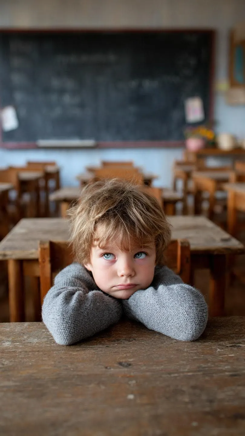 Niño pensativo apoyado en un pupitre en un aula