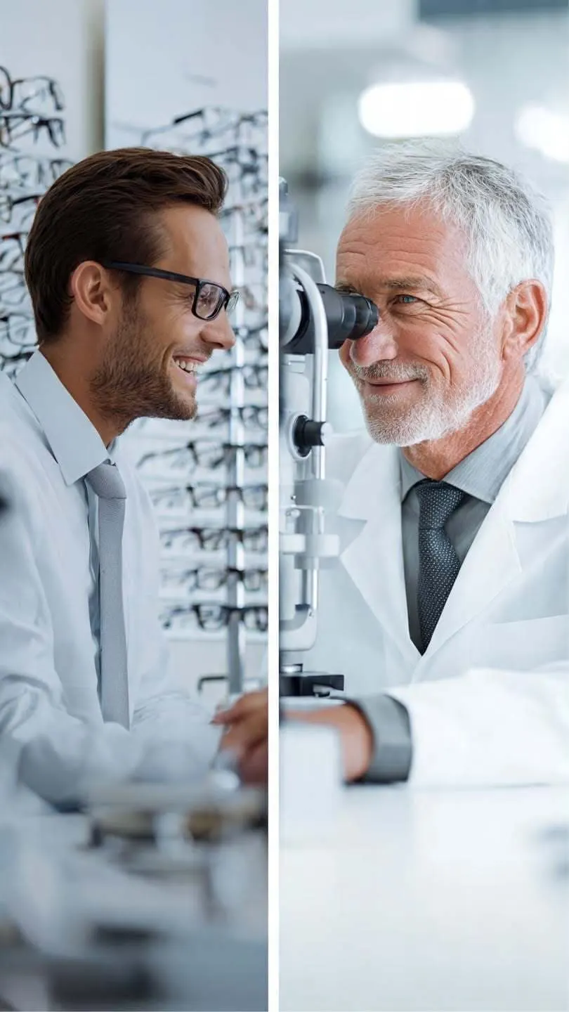 Un óptico-optometrista y un oftalmólogo en una consulta de oftalmología