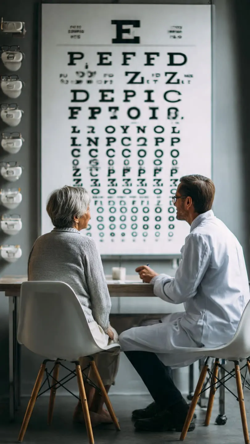 Optometrista revisando la vista a una paciente frente a un optotipo